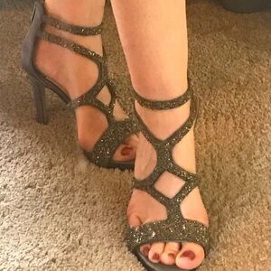 Stunning Antonio Melani “Karalina” Mystic Grey Satin Heeled Sandals